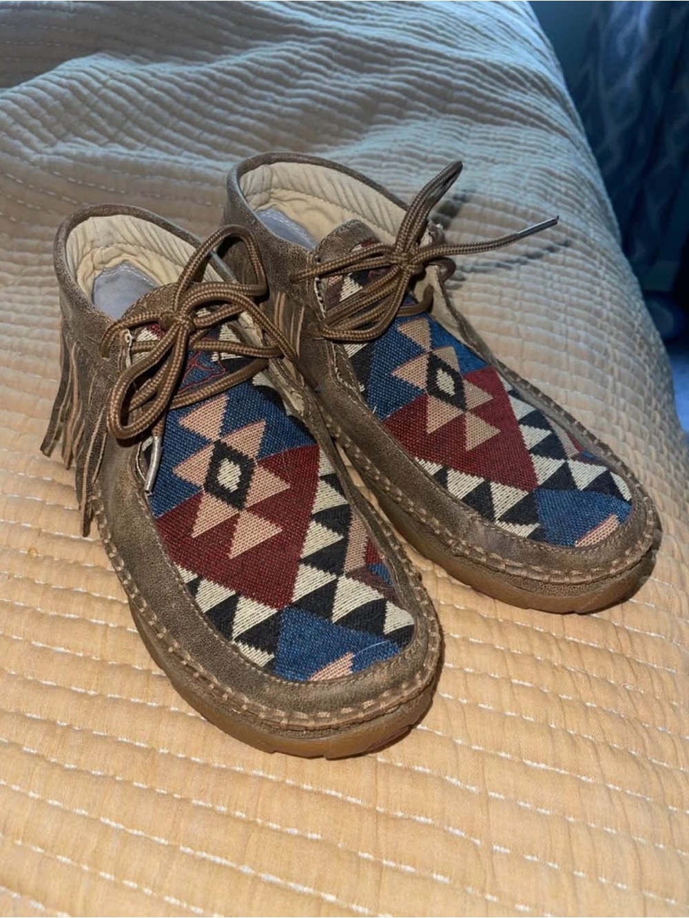 Twisted X Brown Suede Moccasins with Red and Blue Tribal Woven Upper